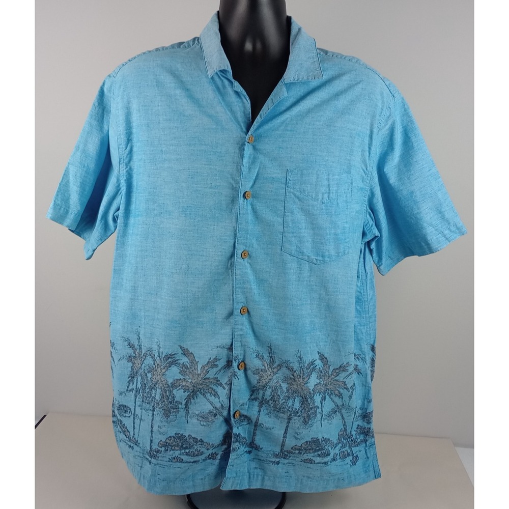 Falls Creek Mens L‎ Light Blue Palm Tree Short Sleeve Button Up Collared Shirt